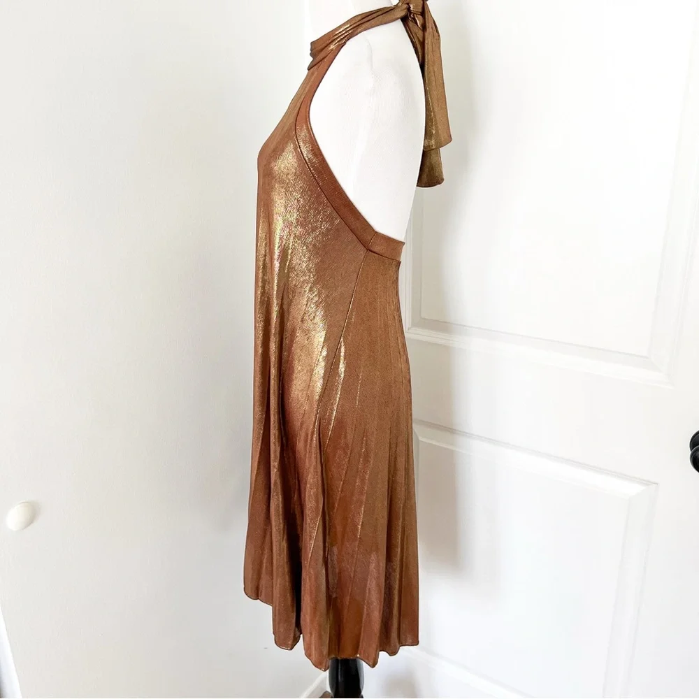 Vintage Semi Sheer Golden Brown Bronze Halter Halter Slinky Mini Dress - Small - Picture 3 of 5